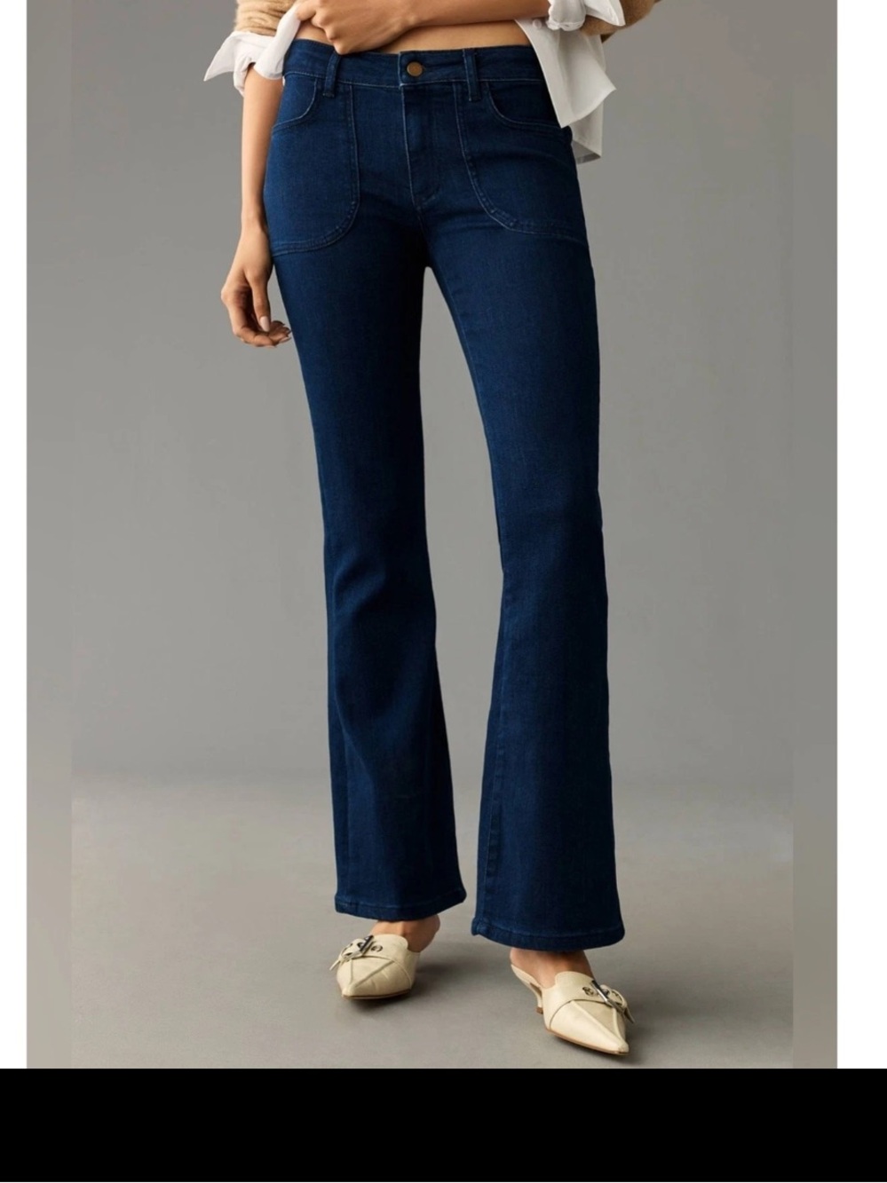 Pilcro The Icon Flare Jeans Patch Pocket Low Rise Dark Indigo 23